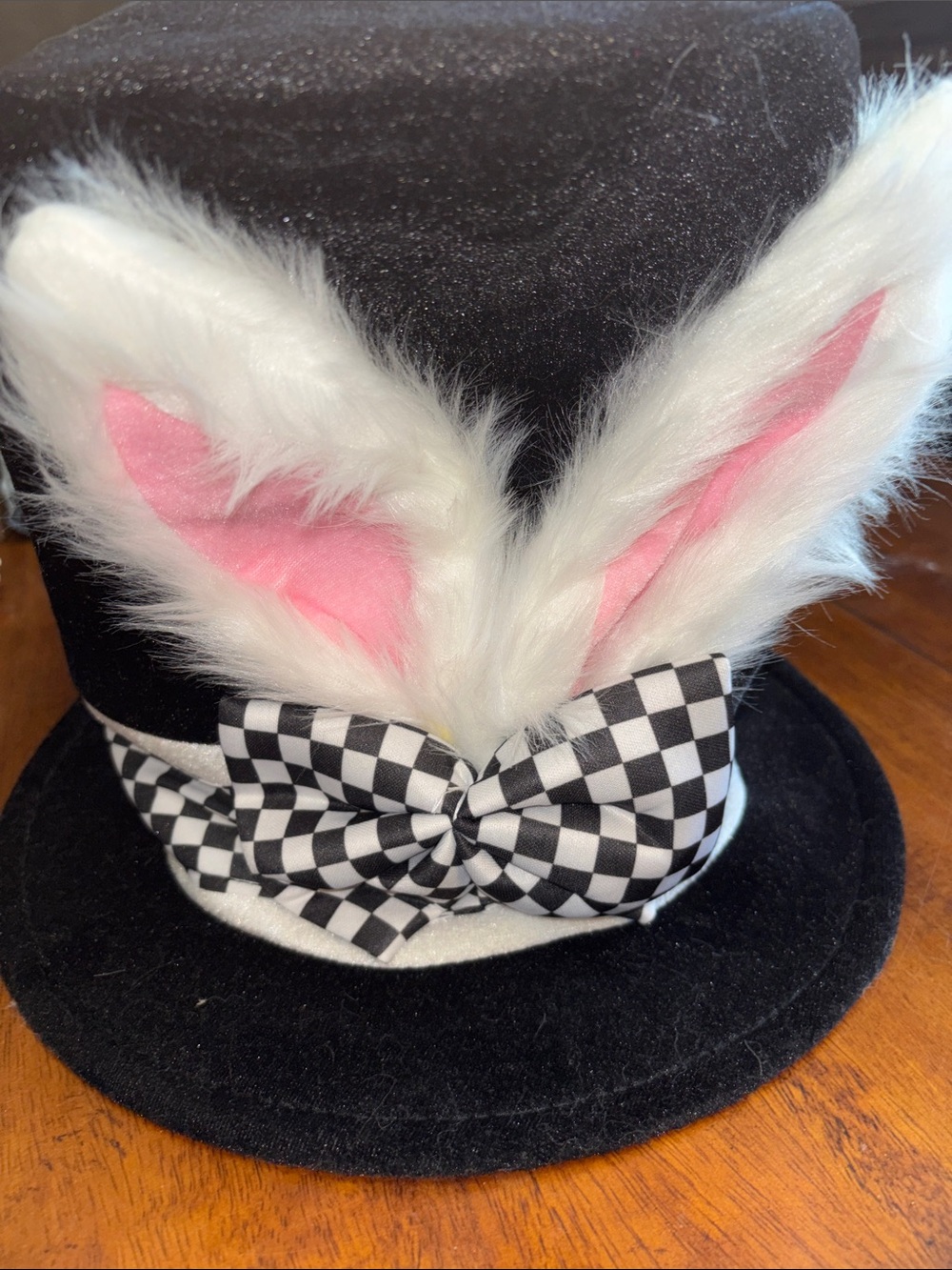 Alice In Wonderland BlackTop Hat with White Faux Fur Bunny Ears and Check Bow